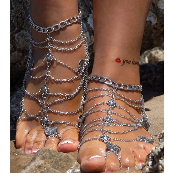 Silver Multilayered Adjustable Boho Coin Anklet Foot Chains - Set of 2 - Picture 4 of 6